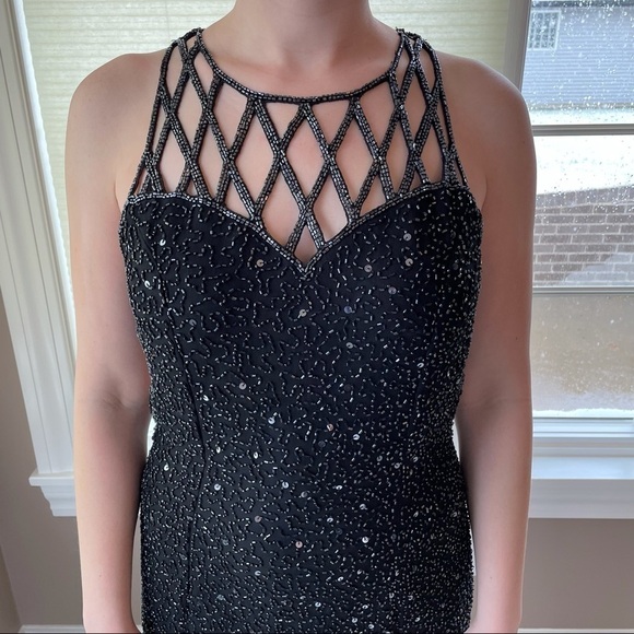 Beaded Sequined Formal Dress 100% Silk Black Floor Length Homecoming Gown 6 - Picture 4 of 14